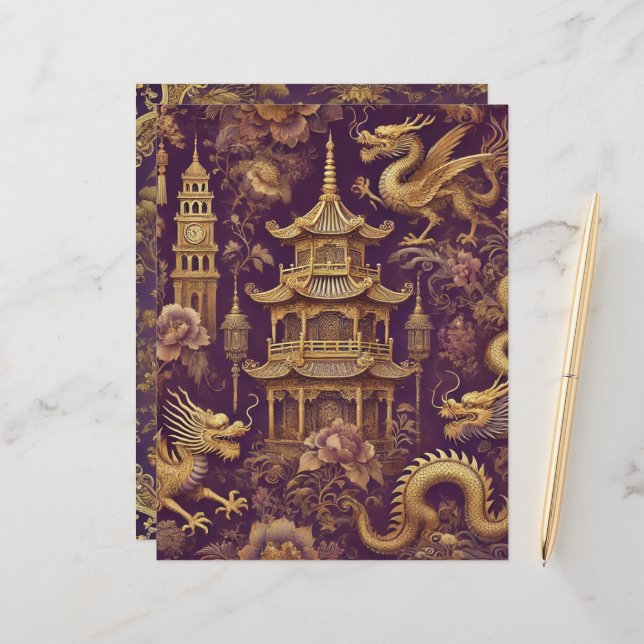 Purple & Gold Vintage Chinoiserie Scrapbook Paper (Front/Back In Situ)