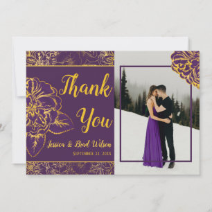 Purple Gold Vintage Floral Wedding Photo Thank You