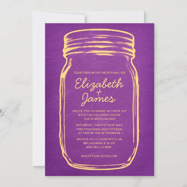 Purple Gold Vintage Mason Jar Wedding Invitations (Front)