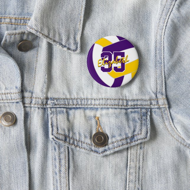 purple gold volleyball team colours 6 cm round badge (In Situ)
