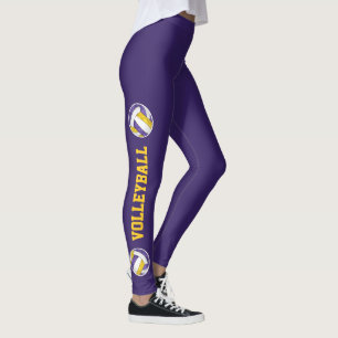 Purple gold volleyballs w text up leg leggings