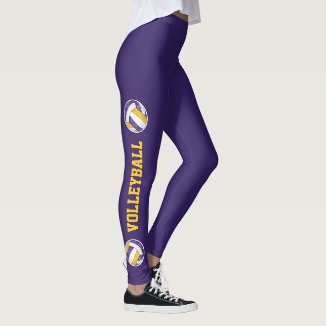 Purple gold volleyballs w text up leg leggings (Right)