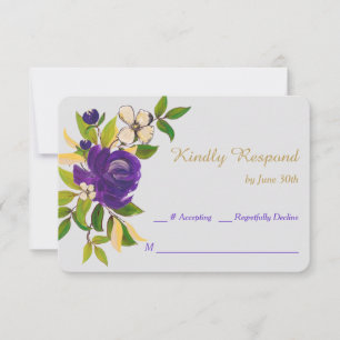 Purple Gold Watercolor Bouquet Wedding RSVP Card
