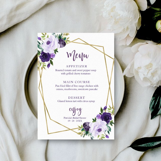 Purple Gold Watercolor Bridal Shower Menu Invitation (Creator Uploaded)