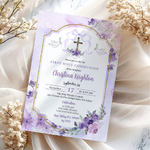Purple Gold Watercolor Crest First Communion Invitation