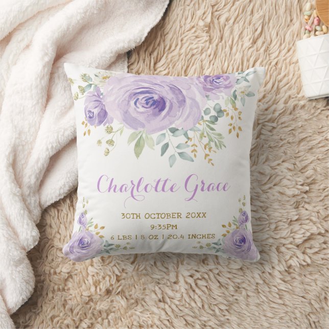 Purple Gold Watercolor Floral Birth Stats Nursery Cushion (Blanket)