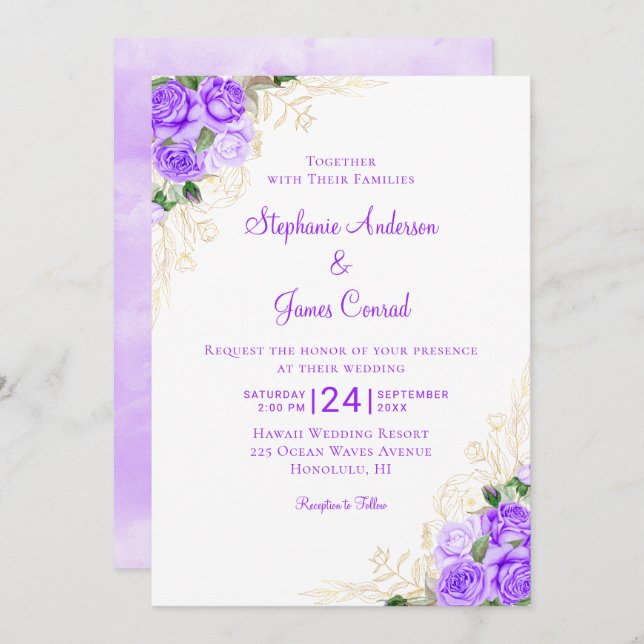 Purple Gold Watercolor Floral Wedding Invitation (Front/Back)
