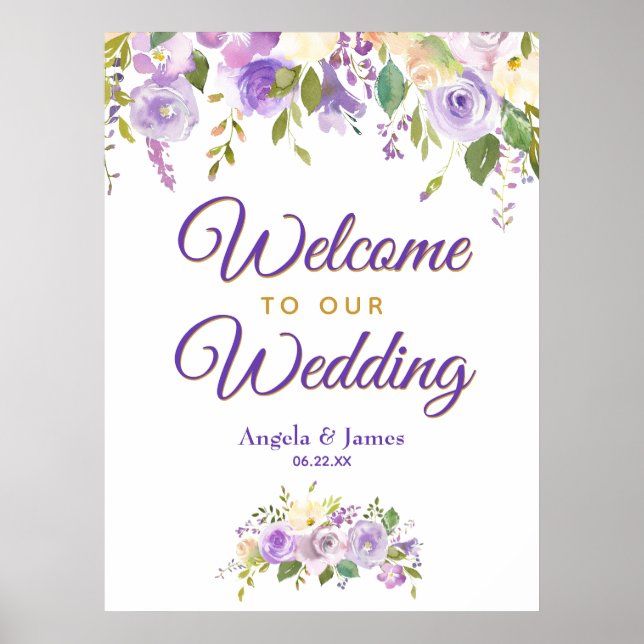 Purple Gold Watercolor Floral Welcome Wedding Poster (Front)