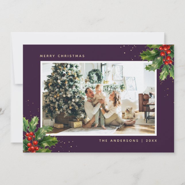 Purple Gold Watercolor Holly Photo Christmas Cards (Front)
