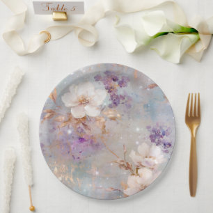 Purple Gold White Floral Paper Plate