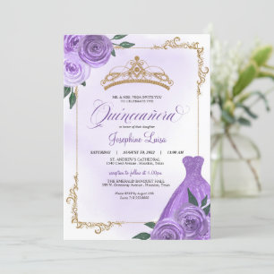 Purple Gold & White Floral Tiara Quinceañera Invitation