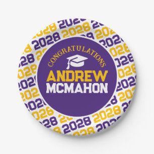 Purple, Gold & White Graduation Personalised Paper Plate