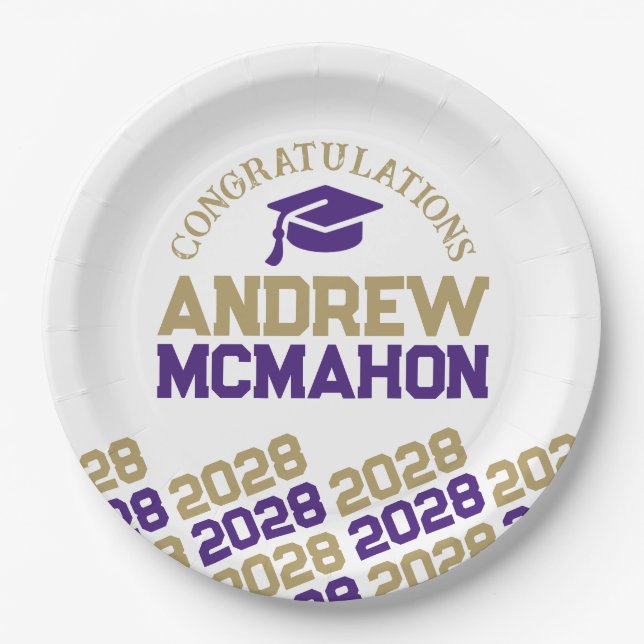 Purple & Gold White Half Repeat Grad Personalised Paper Plate (Front)