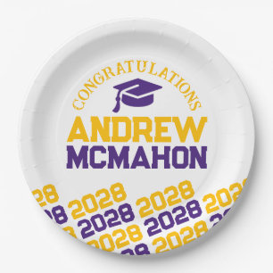 Purple & Gold White Half Repeat Grad Personalized Paper Plate