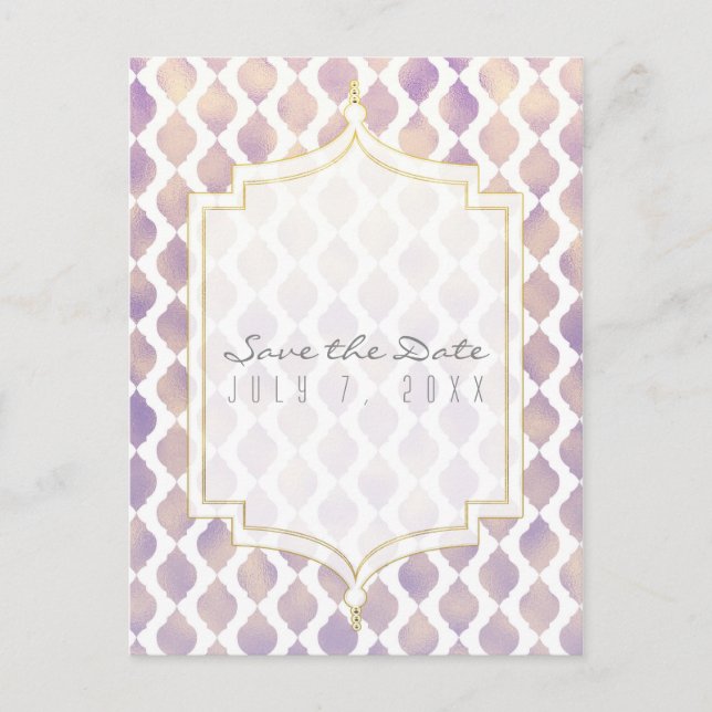 Purple Gold & White Moroccan Wedding Save the Date Announcement Postcard (Front)