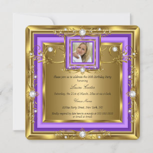 Purple Gold White Pearl Photo Birthday Party Invitation
