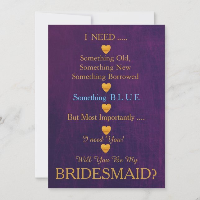Purple & Gold with Heart Will You Be my Bridesmaid Invitation (Front)