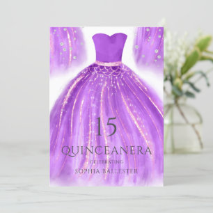 Purple & Gold Wonderful Mermaid Dress Quinceanera Invitation