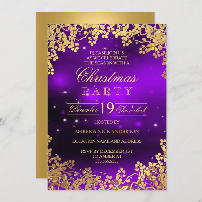 Purple Gold Wreath Christmas Party Invitation (Front/Back)