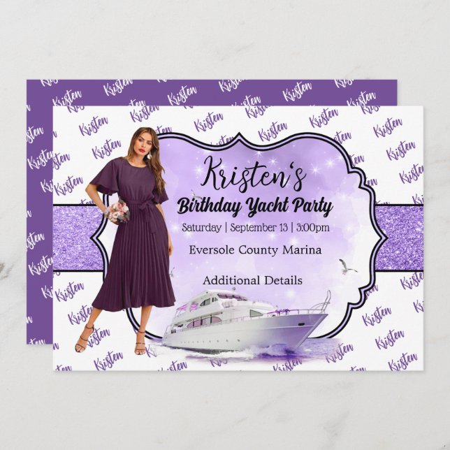 Purple Gold Yacht Party Birthday Invitation  (Front/Back)