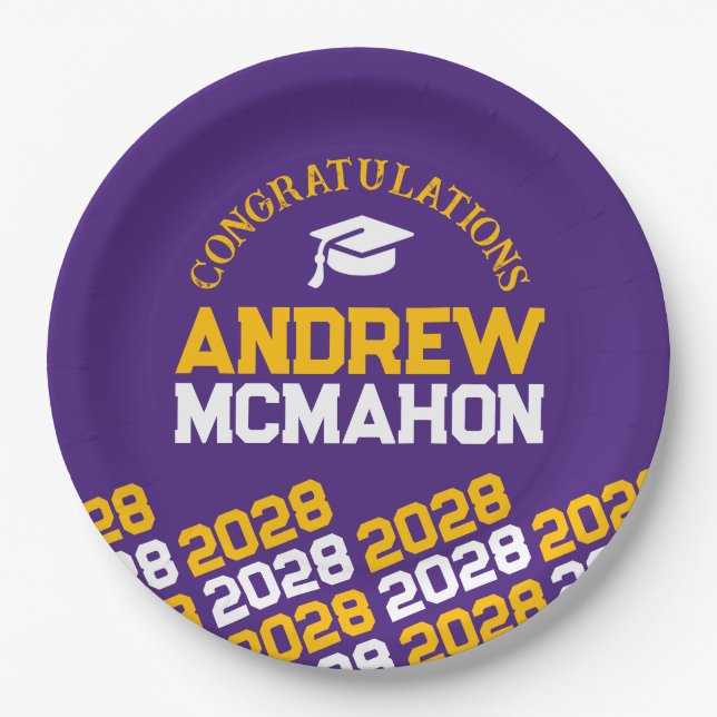 Purple & Gold Yellow Half Repeat Grad Personalised Paper Plate (Front)