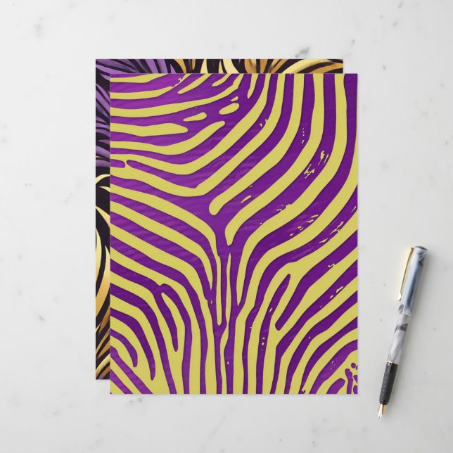 Purple & Gold Zebra Stripe Pattern Scrapbook Paper (Front/Back In Situ)