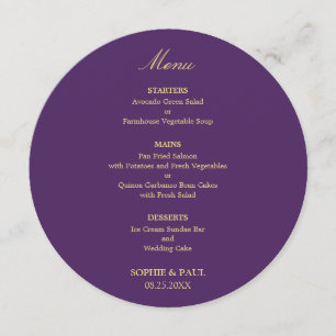 Purple Golden Beige Round Wedding Menu