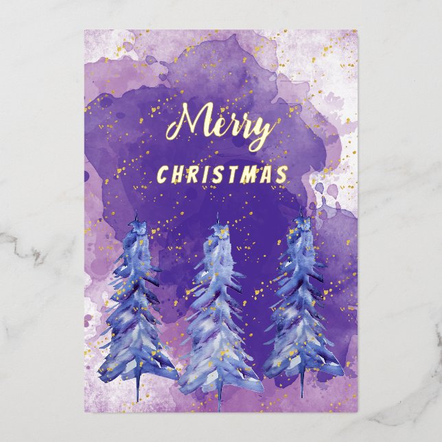Purple Golden Christmas Tree Watercolor Art Foil Holiday Card (Front)