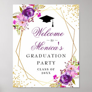 Purple Golden Floral Welcome Graduation Party Poster