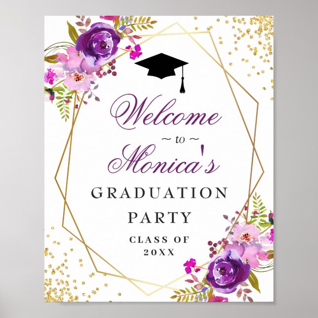 Purple Golden Floral Welcome Graduation Party Poster (Front)