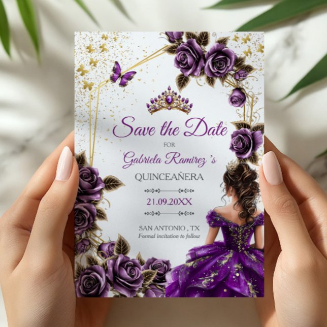 Purple Golden Tiara Roses Butterflies Quinceañera Save The Date (Creator Uploaded)