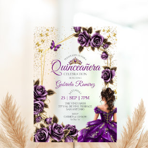 Purple Golden Tiara Roses Butterfly Quinceañera Acrylic Invitations