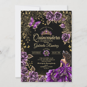 Purple Golden Tiara Roses Butterfly Quinceañera Invitation