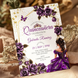 Purple Golden Tiara Roses Butterfly Quinceañera Invitation