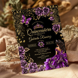 Purple Golden Tiara Roses Butterfly Quinceañera Invitation