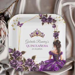 Purple Golden Tiara Roses Quinceañera Paper Plate