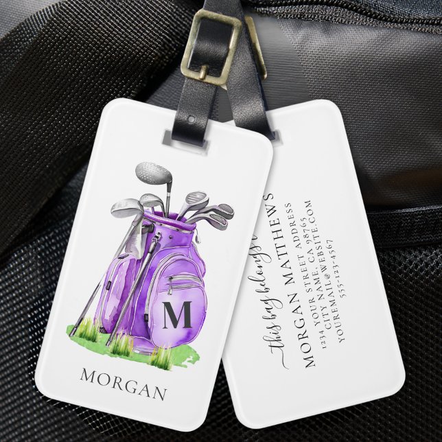 Purple Golf Monogram Luggage Tag (Purple Golfer Monogram Luggage Tag)