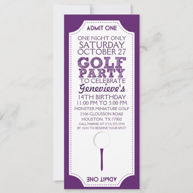 Purple Golf Ticket Golf Birthday Party Invitation (Front)