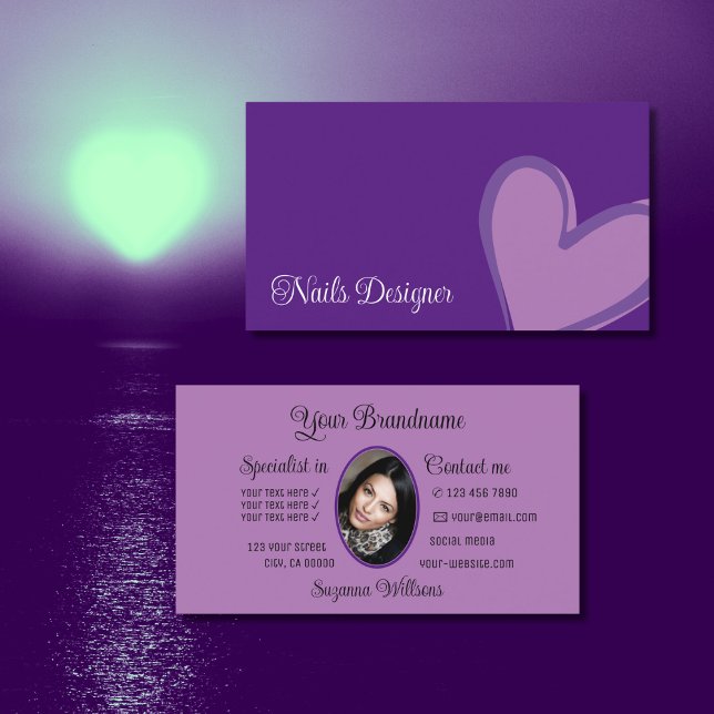Purple Gorgeous Lilac Heart Modern with Photo Cute Business Card (Creator Uploaded)