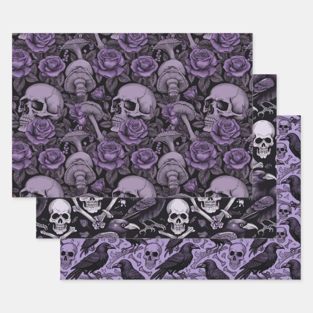 Purple Goth Prints, Raven Skull Mushrooms Wrapping Paper Sheet (Set)