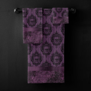 Purple Gothic Chic   Eggplant and Black Skulls Bath Towel Set