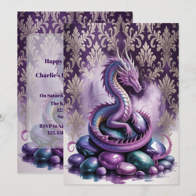 Purple Gothic Dragon Birthday Party Bash Invitation (Front/Back)