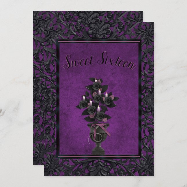 Purple Gothic Frame Black Rose & Candles Sweet 16 Invitation (Front/Back)