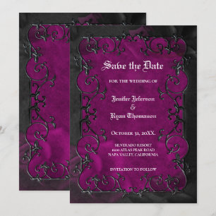 Purple Gothic halloween wedding save the date Announcement