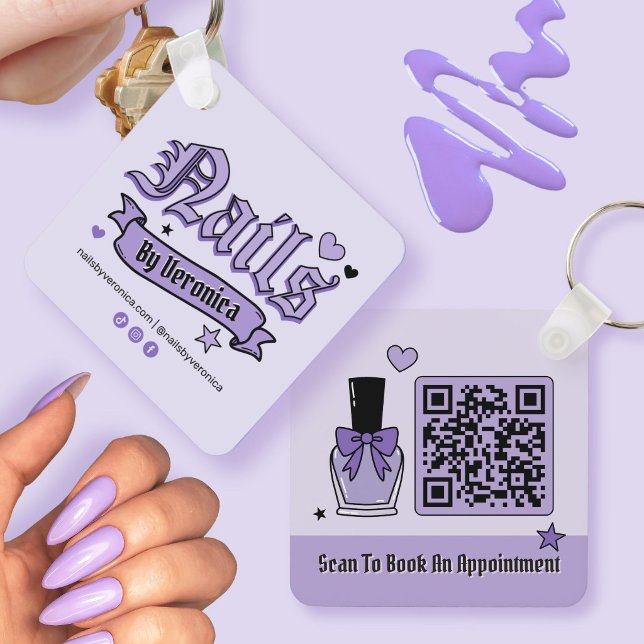 Purple Gothic Lettering Qr Code Nail Tech  Key Ring (Purple Gothic Lettering Qr Code Nail Tech Keychain)