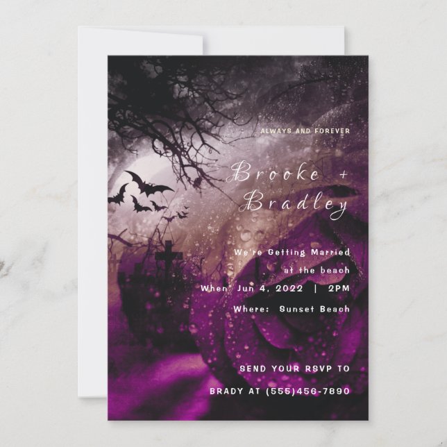 Purple Gothic Rose & Bats Wedding Invitation (Front)
