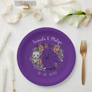 Purple Gothic Skull Roses Wreath Halloween Wedding Paper Plate