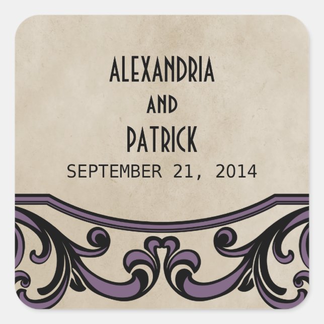 Purple Gothic Swirls Wedding Stickers (Front)