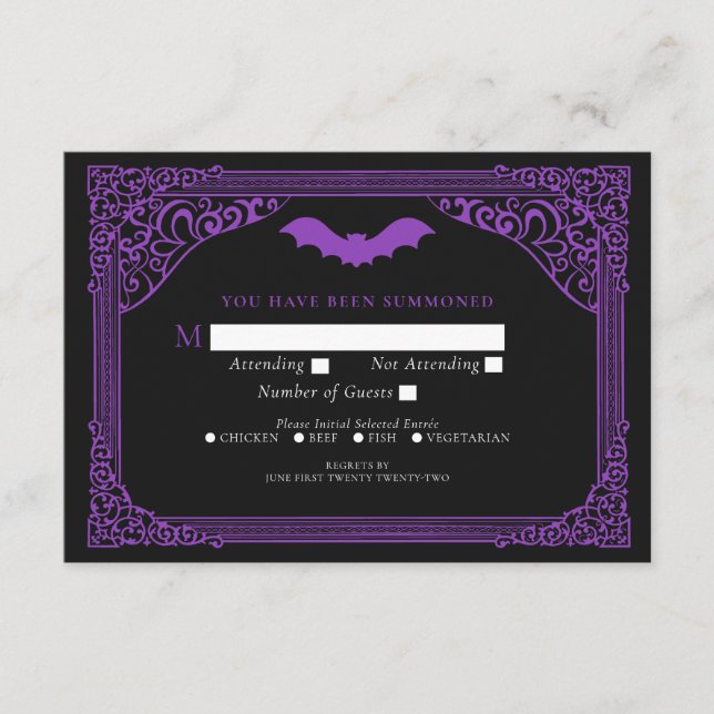 Purple Gothic Vampire Cathedral Wedding RSVP Enclosure Card (Front)