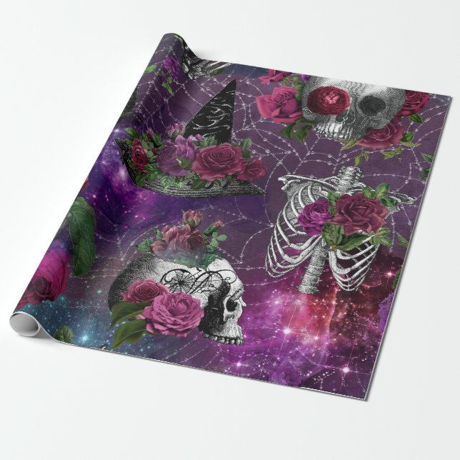 Purple Gothic Witch Skull and Roses Wrapping Paper (Unrolled)